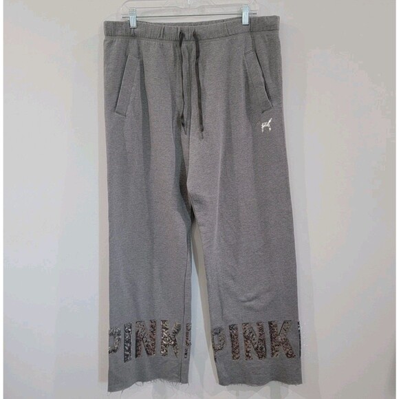 Y2K Pink Victorias Secret Womens Sweatpants Size Large Wide Leg Gray Sequins - Picture 1 of 10